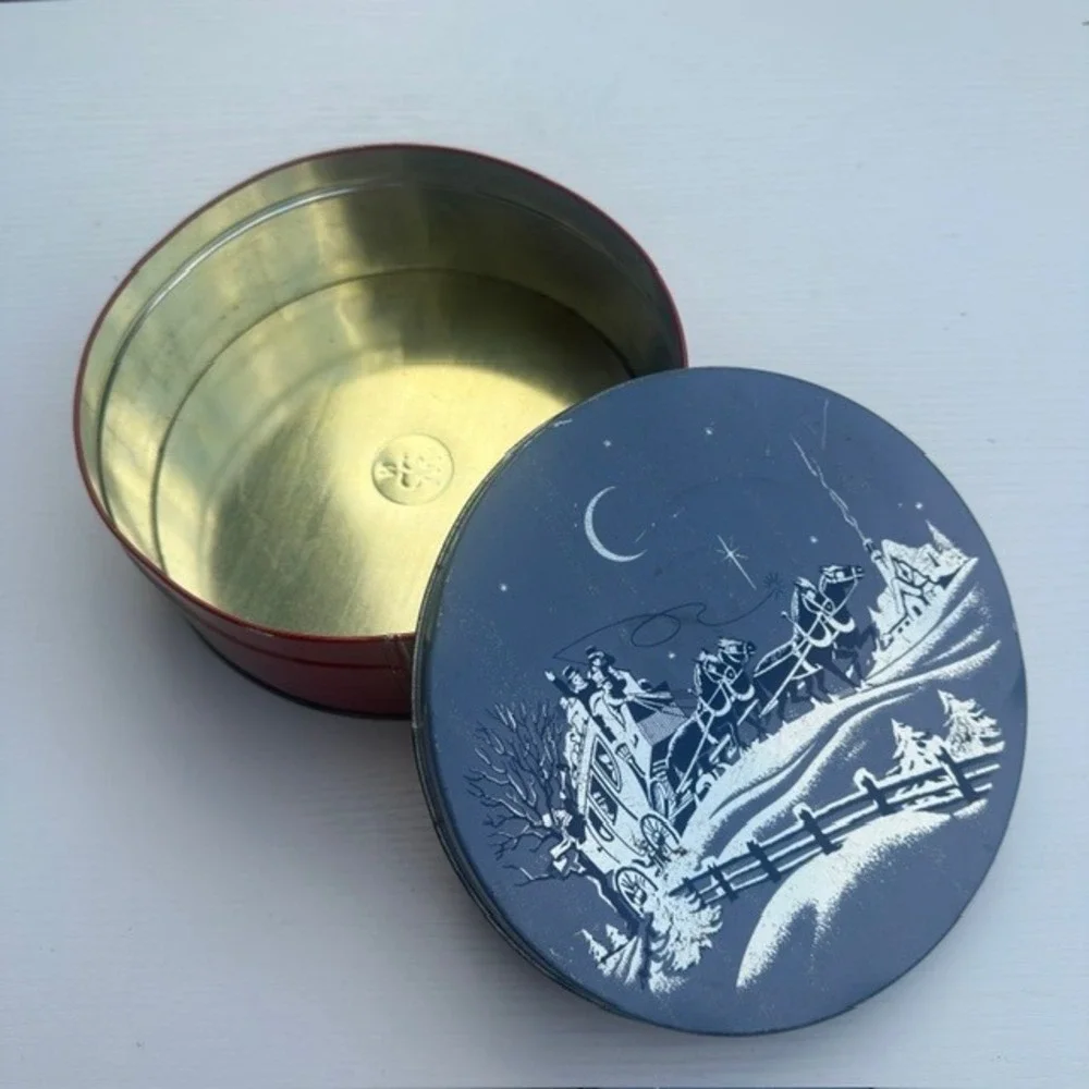 W.C.C. Vintage Round Tin Winter Stagecoach Scene Red Blue Metal 8in